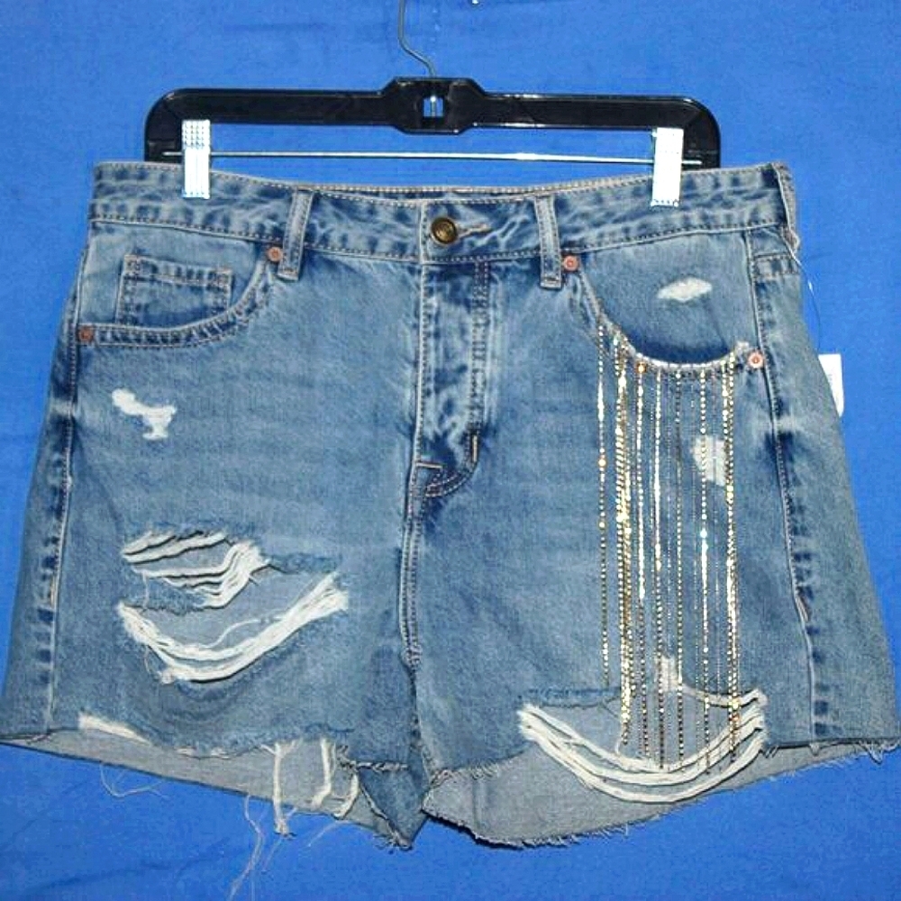 Rock & Roll Denim Rhinestone Fringe Distressed Shorts Blue NWT
